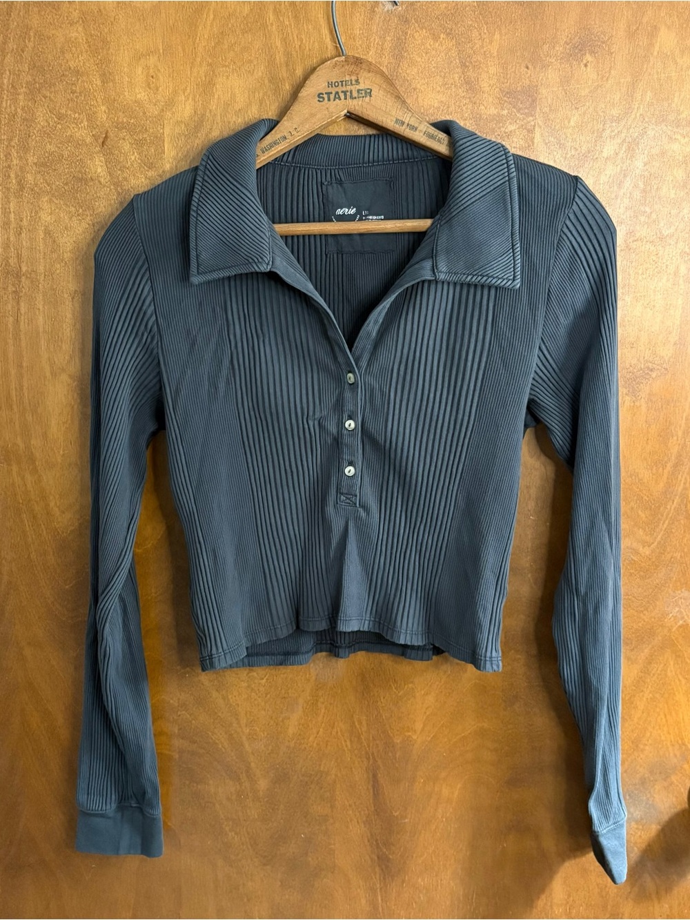 Aerie Gray Ribbed Long Sleeve Fitted Polo Shirt Y2K Grunge Gorpcore Preppy Large